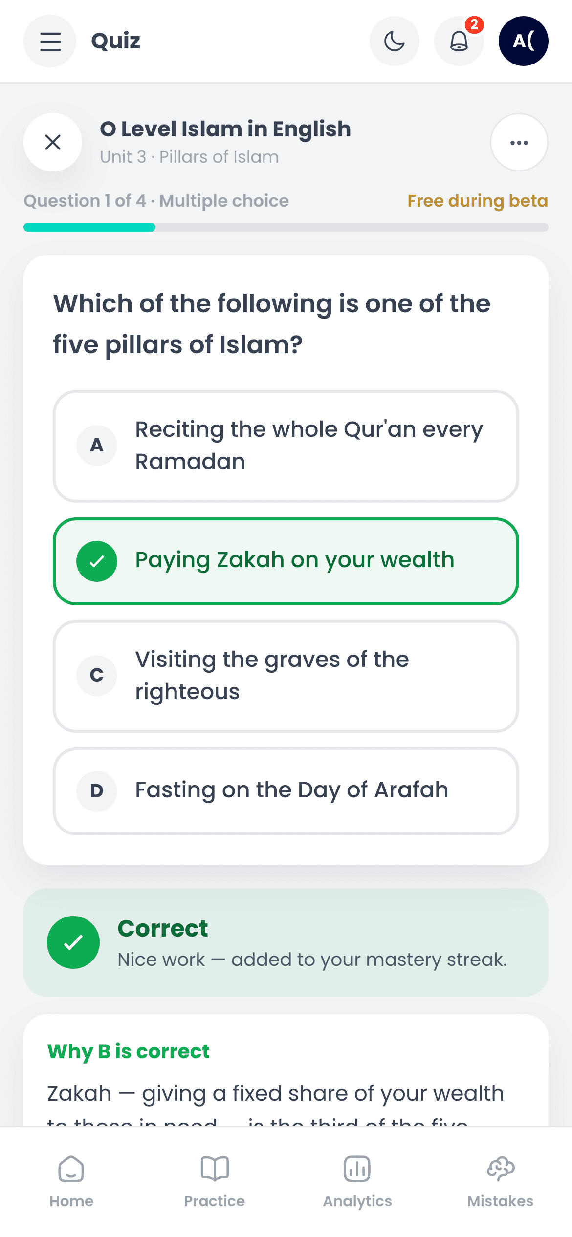 A Syllabi quiz question on a phone with the correct answer marked and the explanation shown